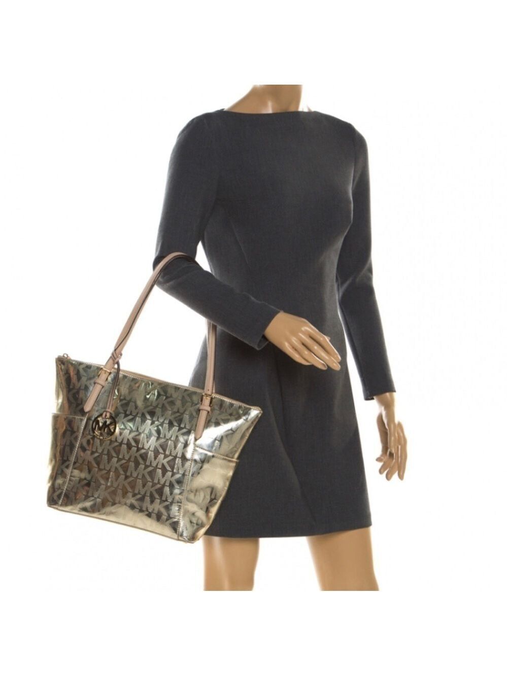 Michael Michael Kors Gold Signature Patent Leather Jet Set Top Zip Tote NWOT